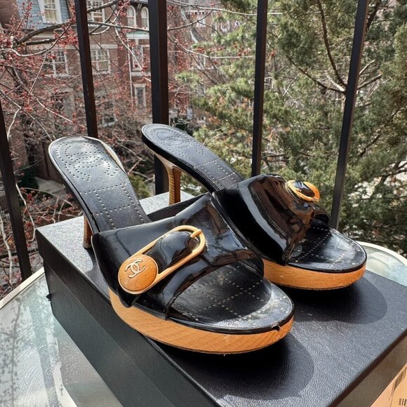 CHANEL Sandals Mules Heeled Shoes Platform Black Buckle CC Logo Box EUR 36.5 - Picture 6 of 16